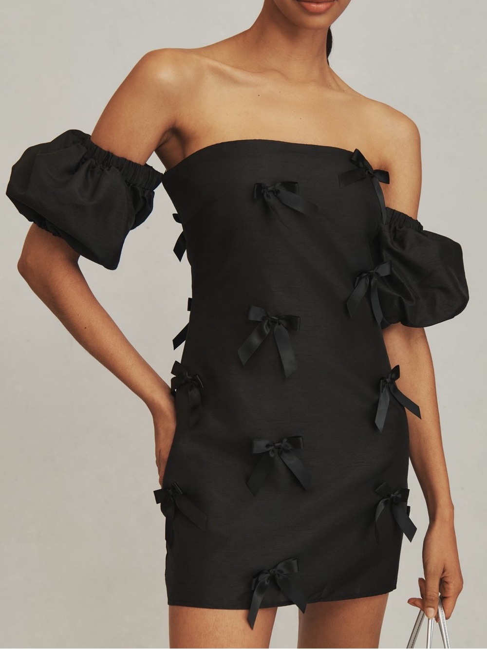 Anthropologie Off The Shoulder Black Puff Sleeve Mini Bow Dress